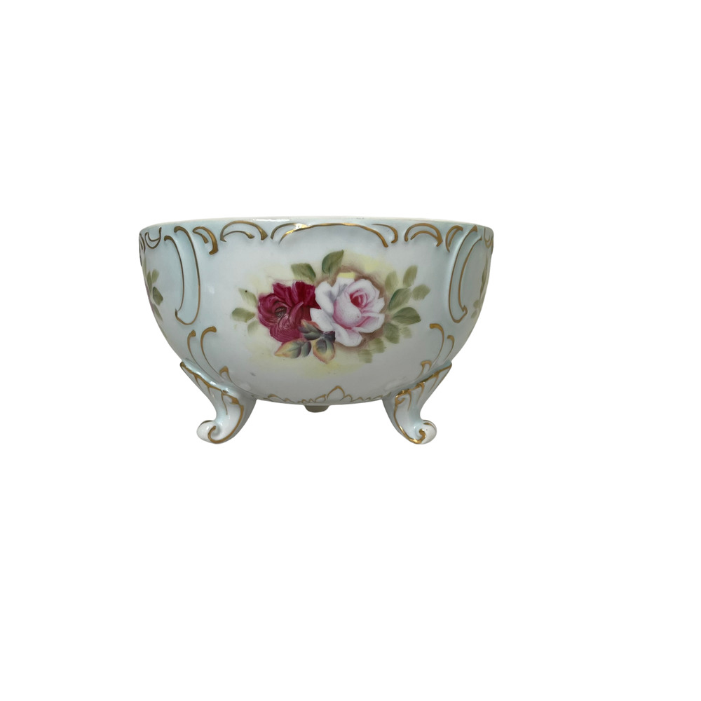 Vtg. Hand Painted Candy Dish On Legs 4" Tall X 6" Opening With Roses Gold Trim - Picture 1 of 8